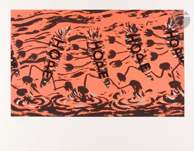 an image of a painting of a group of people on a coral background