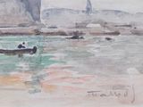 a watercolor painting of a boat in the water