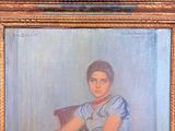 painting of a woman in a blue dress sitting on a red chair