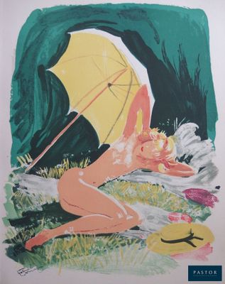 un tableau représentant une femme allongée dans l'herbe avec un parapluie