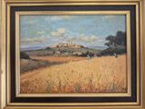 an image of a painting of a field with a castle in the background