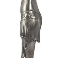 silver statue of a woman holding a hat on a base