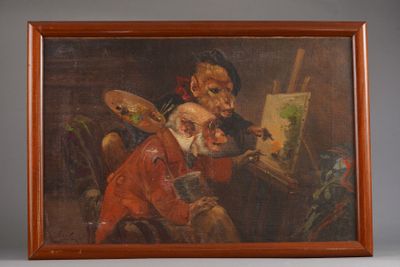 Henry SCHOUTEN (1857/64-1927), "Singerie". Huile sur toile, …