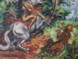 a painting of a man riding a horse in the woods
