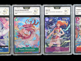 four different pokemon trading cards in a row on a black background