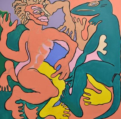 a painting of a man and a woman sitting on a couch