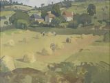 an image of a painting of a farm scene with hay bales in the foreground
