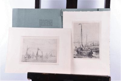 two pictures of boats on display on a easel