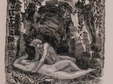 an old black and white drawing of a naked woman laying on a bed