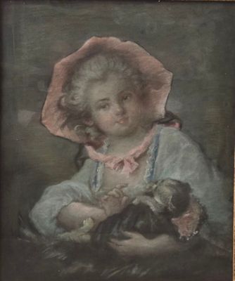 painting of a young girl holding a cat in her arms