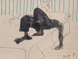 drawing of a woman sitting on a couch with her legs crossed