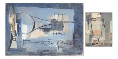 two paintings of different shapes and sizes on a white background