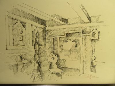 esquisses d'un dessin représentant un salon avec un canapé et une table
