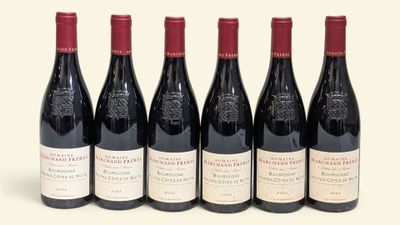 six bouteilles de vin rouge sont alignées