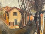an oil painting of a street with houses and trees in the background