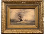 a painting of a ship in a rough sea with a golden frame