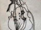 an image of a drawing of a cello and a cat