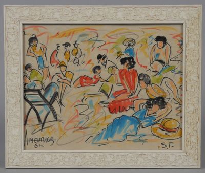painting of a group of people sitting around a table in a room
