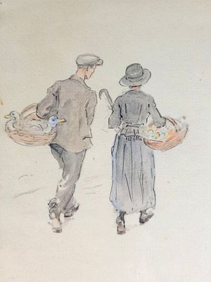 painting of a man and a woman walking down a street with baskets