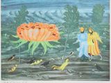 tableau représentant un homme et une femme marchant dans un champ, entourés d'oiseaux