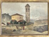 an oil painting of a church tower in a rural setting