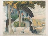 un tableau représentant un homme assis sur un banc devant une maison