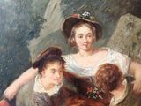 a painting of two women and a man sitting on a rock