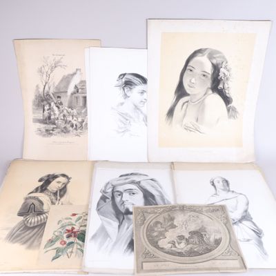 several old books with drawings of women and men on them