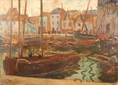 une peinture de bateaux dans un port avec des bâtiments à l'arrière-plan