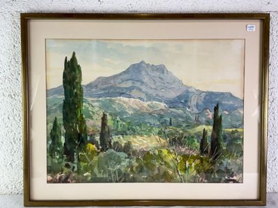 a picture of a painting of a mountain in a frame