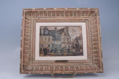 un vieux cadre contenant un tableau représentant une scène de village