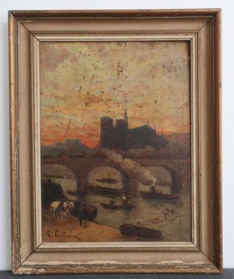 an oil painting of boats in a harbor with a castle in the background