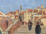 painting of a painting of people walking down a street with buildings in the background