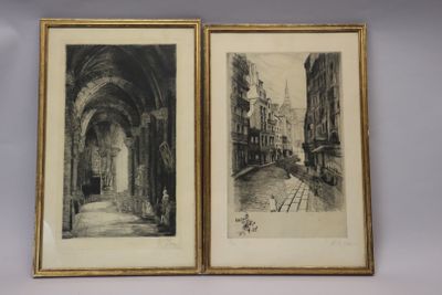 two black and white drawings of a street and a building