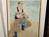un tableau représentant un homme assis sur une chaise près d'un mur