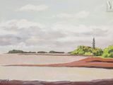 un tableau représentant un paysage avec un plan d'eau