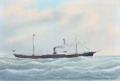 un tableau représentant un bateau sur l'eau d'où s'échappe beaucoup de fumée