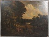 une peinture à l'huile représentant un paysage boisé avec des personnages au premier plan