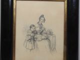 une image représentant le dessin d'une femme assise à une table avec deux enfants