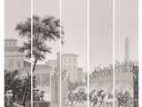 quatre panneaux d'un tableau représentant une scène urbaine avec des personnages à cheval