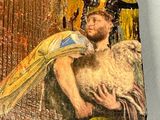 a picture of a painting of a man holding a sheep