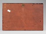 an old suitcase with a tag on it sitting on a white surface