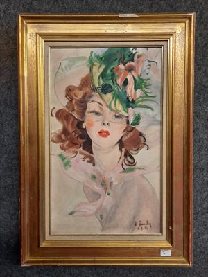 tableau représentant une femme coiffée d'un chapeau orné de fleurs