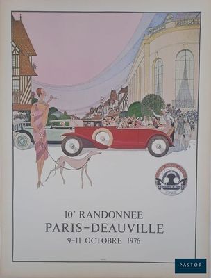 une affiche représentant une femme et un chien devant une voiture