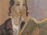 painting of a woman reading a book in front of a window
