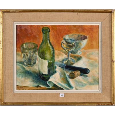 tableau représentant une nature morte avec une bouteille de vin et un verre à vin
