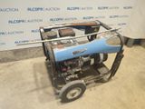 a small blue machine that is sitting on the ground