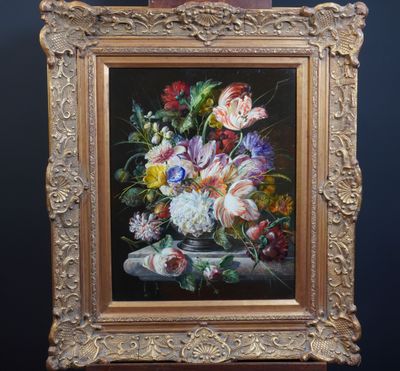 an oil painting of flowers in a vase on a table