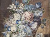 an image of a painting of flowers in a basket on a table