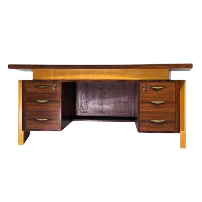 the desk is made of wood and has two drawers